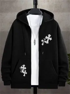 Men's Minimalist Hooded Zipper Sweatshirt, Cross Print, Versatile Casual Fit, Multiple Colors, Daily Wear, Sports Commute, Graphic Team Hoodie