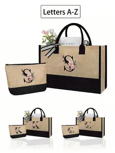 Flower Initial Letter Pattern Jute Tote Bag with Makeup Bag, Simple Lightweight Large-Capacity Handbag, Portable Casual Storage Tote Bag, Durable Fabric, Suitable for Wedding, Birthday, Beach, Holiday, School Bag
