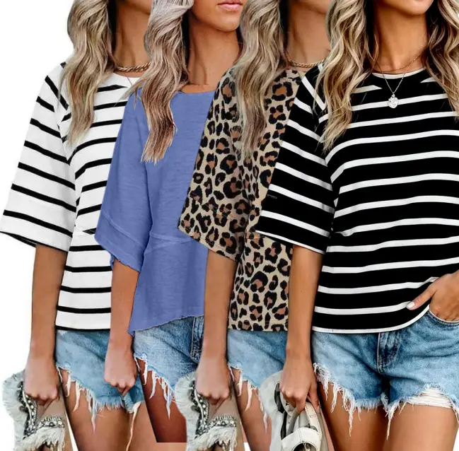 VVZ Women's Casual Silky Blouse, Lightweight Solid Tunic Top with 5/4 Flared Sleeves, Basic Round Neck Loose Fit for Summer