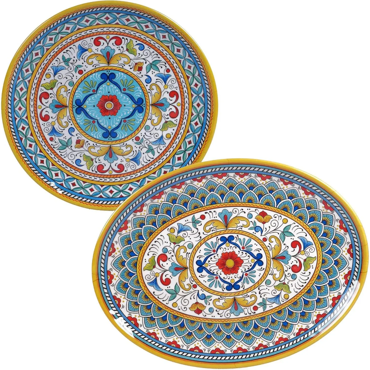 Portofino Heavyweight 2-Piece Melamine Platter Set - Large, Multi-Colored, Oval & Round, Designed by Nancy Green, Dishwasher Safe, Ideal for Indoor/Outdoor Kitchen & Dining Use