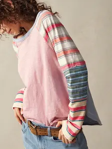 Women's Patchwork Long Sleeve T-Shirt, Vintage Casual Everyday Travel Top, Comfortable Natural Outdoor Wear, Stylish Urban Youth Fashion