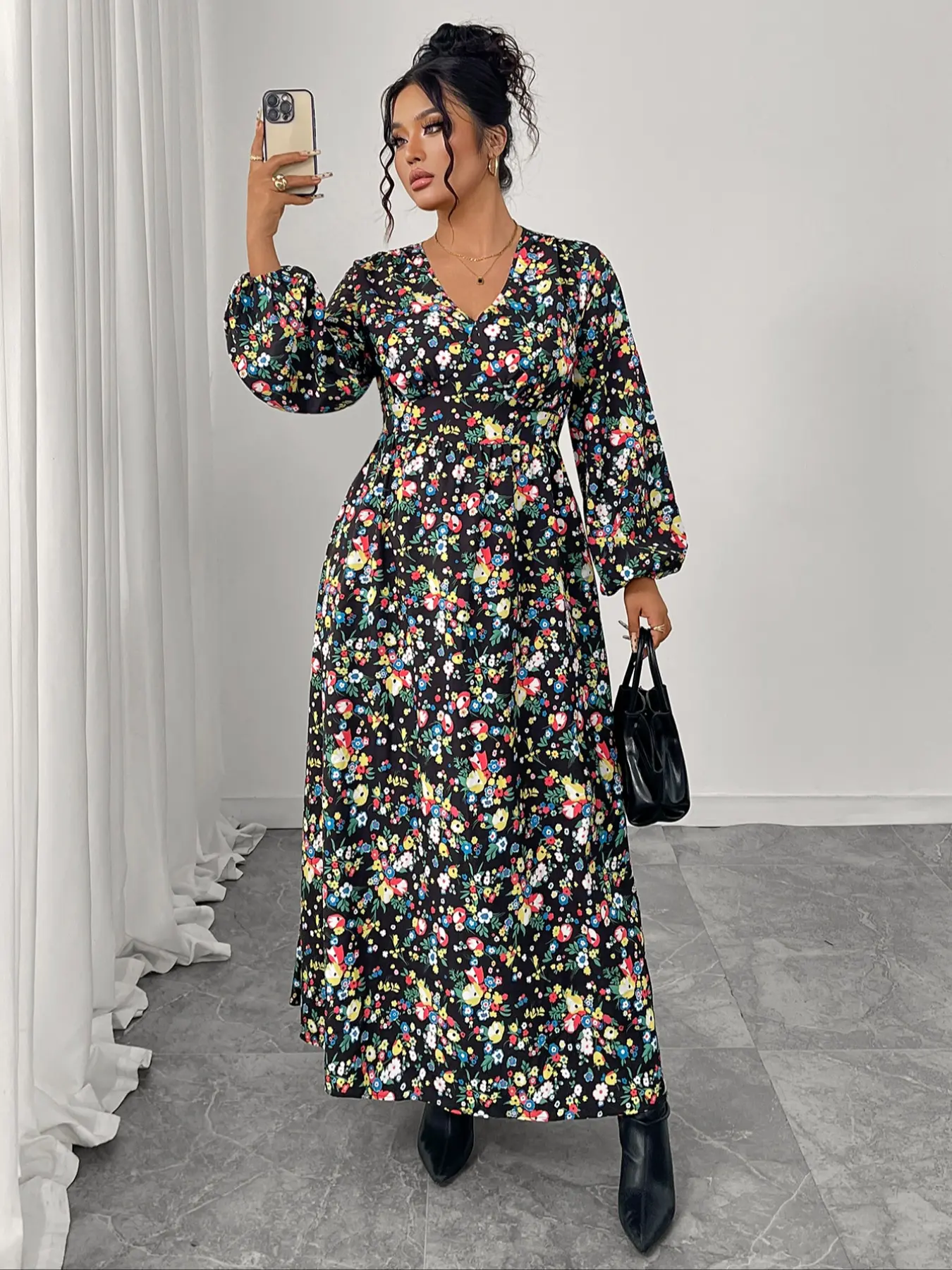 Plus Size Elegant V Neck Long Sleeve Floral Woven Long Dress, Fashion Casual Style, Perfect for Vacation, Date Night, Office Commute, Womenswear, Casual Wear