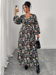 Plus Size Elegant V Neck Floral Long Dress, Fashion Casual Style, Perfect for Vacation, Date Night, Office Commute, Womenswear, Casual Wear
