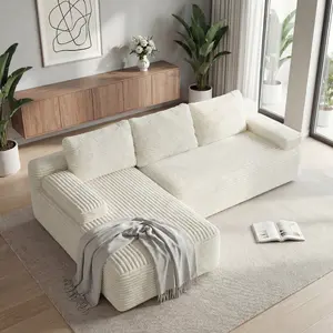 【2 Packages】Costoffs 110″ L-Shaped Boneless Left Seat Corduroy Sofa, 5+ Arrangements Cloud Couch with Anti-Slip Base & 3 Detachable Pillows, 1400lbs Capacity, Pet-Friendly for Apartment Living Room, Compressed Corduroy No Assembly Needed summervibes