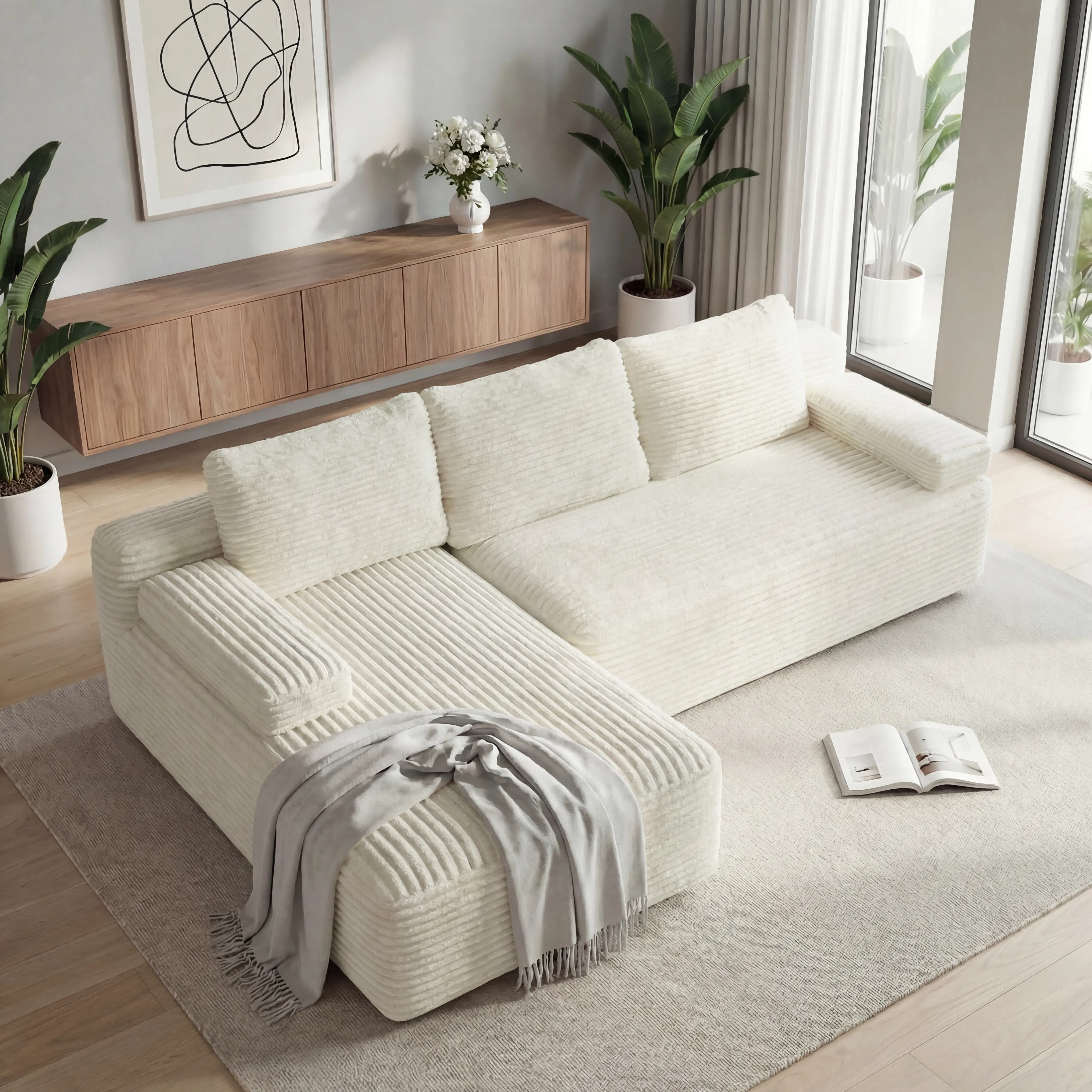 【2 Packages】Costoffs 110″ L-Shaped Boneless Left Seat Corduroy Sofa, 5+ Arrangements Cloud Couch with Anti-Slip Base & 3 Detachable Pillows, 1400lbs Capacity, Pet-Friendly for Apartment Living Room, Compressed Corduroy No Assembly Needed, Upholstered Couc