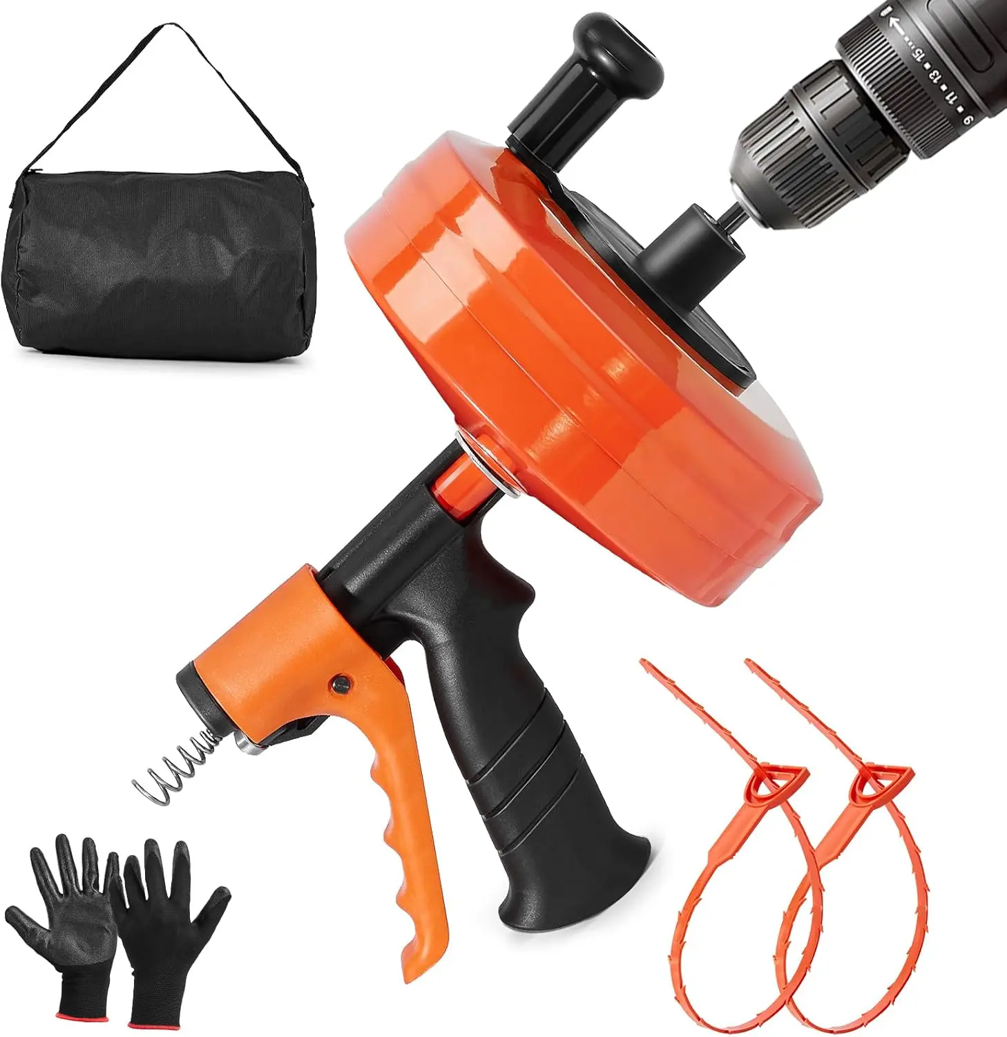 50 FT Auto-Feed Drill Attachment Drain Auger, Heavy Duty Steel Cable Plumbing Tool with Gloves & Hair Removers