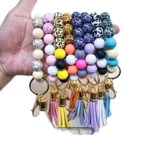 Creative Silicone Beads Hand Tassel Bag Pendant Key Ring, 8pcs Colorful Beads with Keychain Attachment