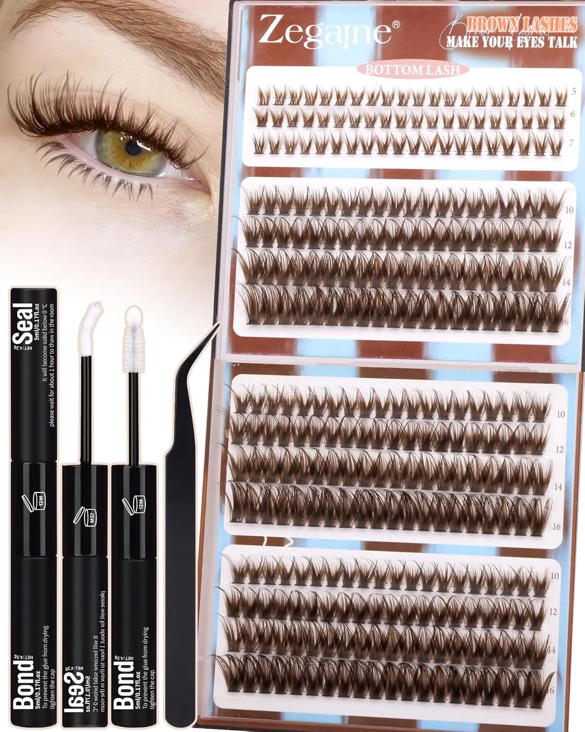 Zegaine Brown Lash Clusters Kit Dark Brown Lashes With Bottom Eyelash Clusters 300Pcs Natural Brown Lash Extensions Wispy Lash Clusters Kit With Lash Bond&Seal, Lash Tweezers 10-16MM