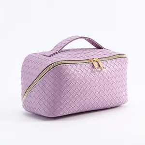 Large Capacity Travel Makeup Bag,Portable Waterproof Cosmetic Bag,PU Leather Checkered with Handle Divider Multifunctional Bag,Parallel Makeup Organizer Toiletry Bag for Women (White)