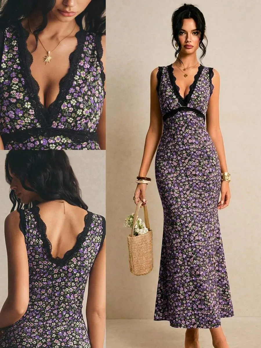 Poéselle Women's Floral Contrast Black Floral Lace V-Neck Sleeveless Slim Fit Fishtail Hem Elegant Romantic Dress, Vacation Sun Dress, Summer
