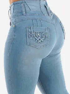 High Waist Butt Lifting Light Denim Skinny Jeans with Unique Back Pocket Design for Women's Fashion
