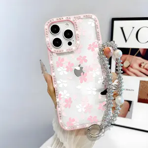 Pink Flower Pattern Bling Glitter Phone Case with Sparkle Rhinestone Diamond , Airbag Anti-Fall Crystal Cover for iPhone 16 15 14 13 12 Pro Max Plus