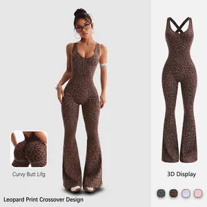 Women's Leopard Print Flared Sports Jumpsuit - Sexy Hollow Cross-Twisted Back, Backless High-Waisted Gym Bodysuit, Comfy Sports Clothes for Yoga, Women's Clothes Workout Apparel Summervibes