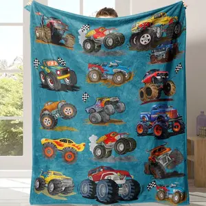 Monster Truck & Train Pattern Blanket, 1 Count Soft Comfortable Throw Blanket, Warm Napping Blanket, Lightweight Multifunctional Blanket for Home Office Travel Camping