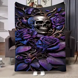 Flannel Blanket with Floral Skull Print, Soft Comfortable Sofa Throw, Halloween Christmas Decor, Bed Office Camping Travel Use, All Season Blanket