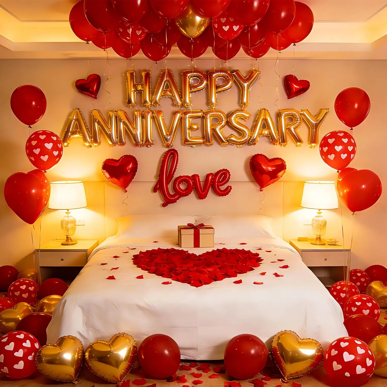 Happy Anniversary Balloons Kit Red Gold Balloon with Heart Shaped, Love Foil Balloons and 1000 Pieces Rose Petals for Anniversary Valentine's Day Proposals Decorations