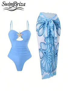 Briza｜One Piece Swimsuit For Women In Sky Blue Starfish Cutout, Bathing Suit Fancy Tummy Control Swimwear, Bathing Suit Women Set And Swim Sets For Women With Sarong, Swimsuit Cover Up For Women, Vacation Swimwear For Women Beach Confidence