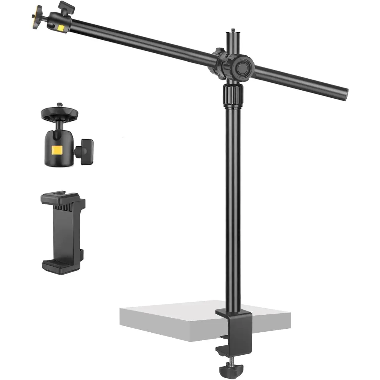 Camera Desk Mount Webcam Stand with Overhead Articulating Magic Boom Arm 1/4" Ball  for DSLR Tripod, Adjustable Light Stand, Tabletop C Clamp for Ring Light Photo Video  Live Streaming
