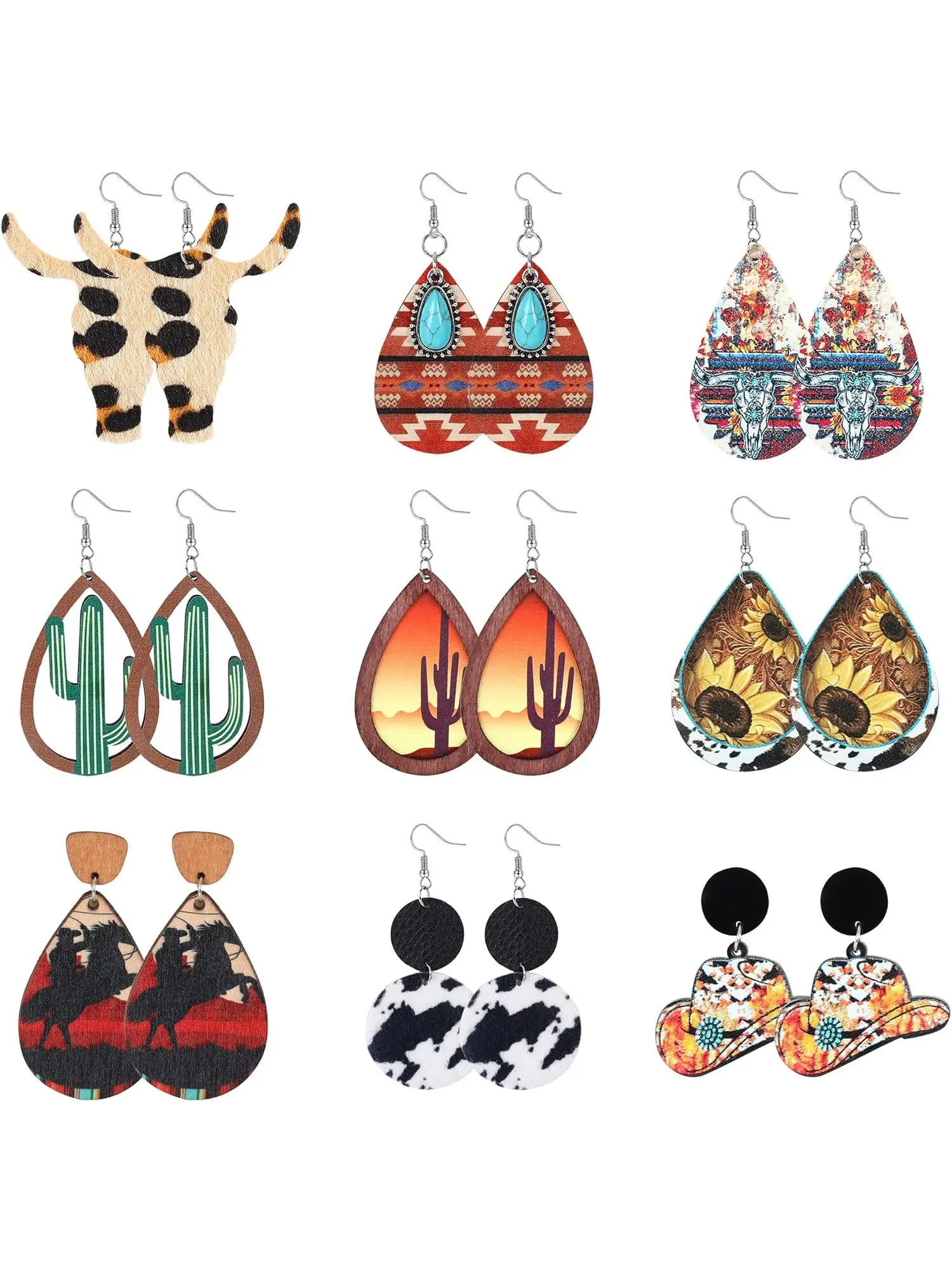 Unique 9 Pairs Colorful, Unique design earrings, Western Earrings Handmade Bohemian Leather Cowboy Cowgirl Stainless Steel Earrings Set for Women Men Vintage Turquoise Cow Print Teardrop Dangle Earrings Western Jewelry Set Boho Style Jewelry