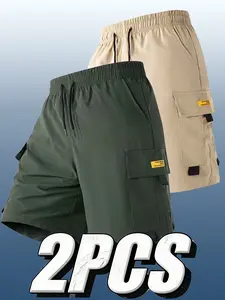 2 Pcs Men's Work Pants, Multi-Pocket Design, Fashionable Webbing Accent, Adjustable Waistband, Ideal for Casual Outdoor Activities
