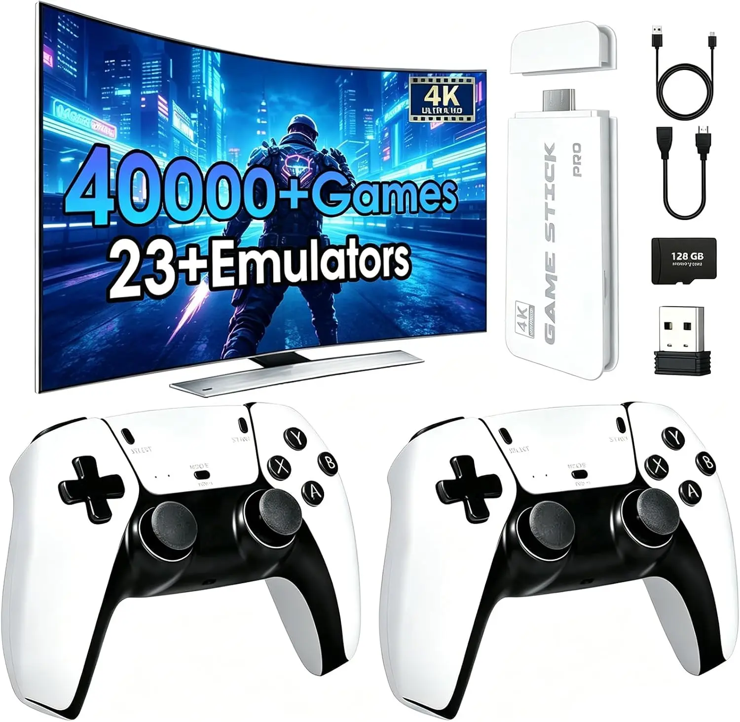 2026 New Retro Game Console,40000+Games and 23 Emulators, with Dual 2.4G Wireless Controllers, Plug and Play HDMI TV Game Stick (128GB)