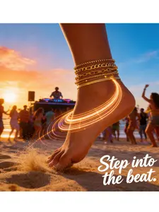 Trendy Beach Anklet Set｜6pc Non-Tarnish Flat Snake Chain Layered Stainless Steel Fashion Jewelry Accessories