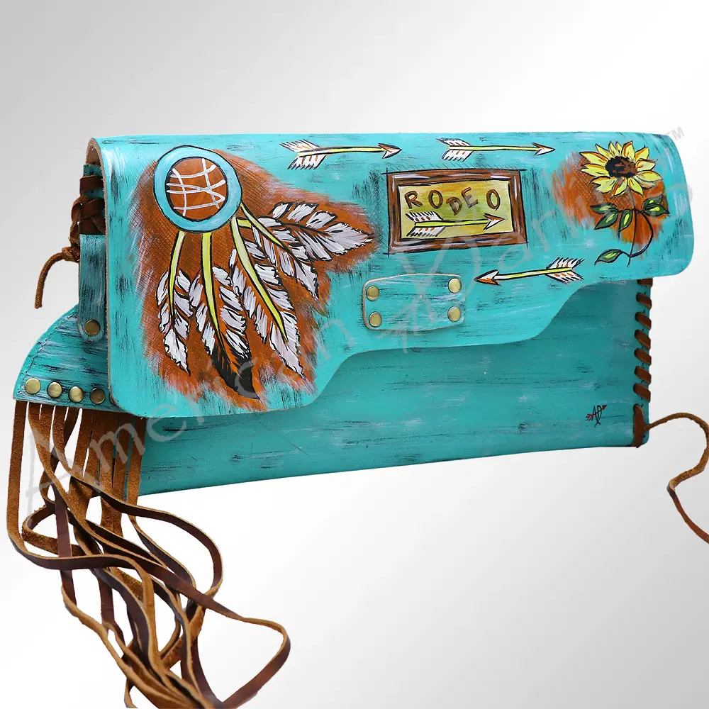American Darling Envelope Bag - Hand-Painted Vegetable-Tanned Genuine Leather Western Clutch with Fringes - 6.5in x 12in
