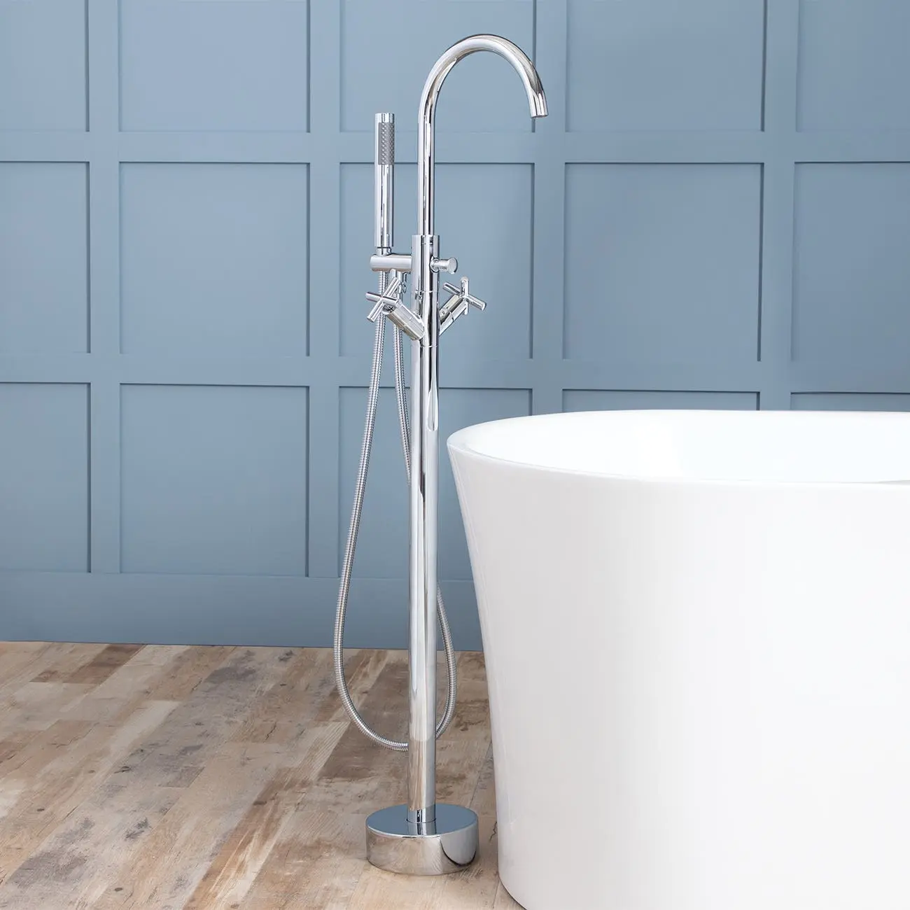 Modern Freestanding Bathtub Faucet with Gooseneck Spout, Chrome High-Arc Fixture with Handheld Shower for Bathroom Bathtubs, Rapid Fill Function