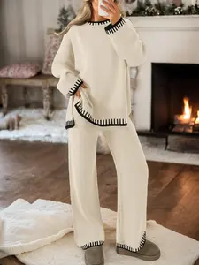 Women's 2 Pcs Sweater Set, Long Sleeve Round Neck Colorblock Sweater Top and Long Sweatpants, Casual Loose Fit Knitwear for Fall Winter, 2 Piece Loungewear Set for Women