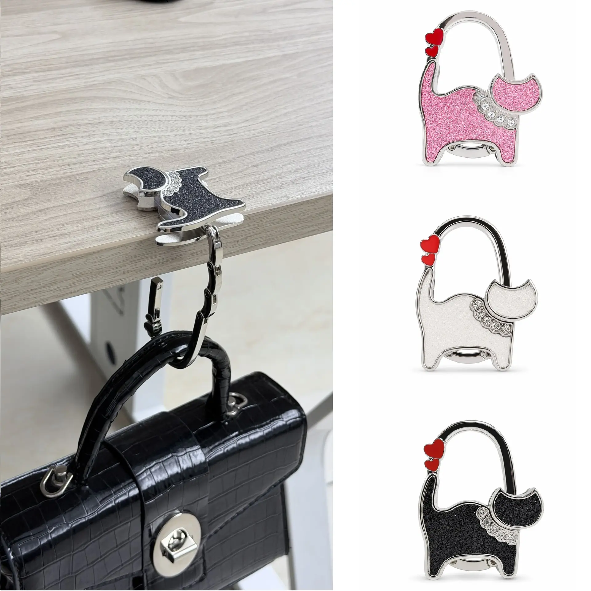 Cute Cat Purse Hook for Table, Foldable Rhinestone Handbag Hanger, Portable Desk Bag Holder for Women, Decorative Zinc Alloy Purse Clip for Cafe, Restaurant, and Cat Lover Gift