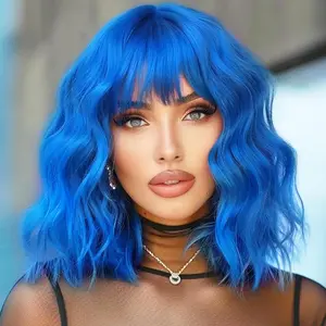 Blue Wavy Bob Wig for Women, Short Shoulder Length Synthetic Wig with Bangs, Natural Looking Lightweight Hairpiece for Daily Wear & Cosplay Costume Party hair fiber material leticia comfortable