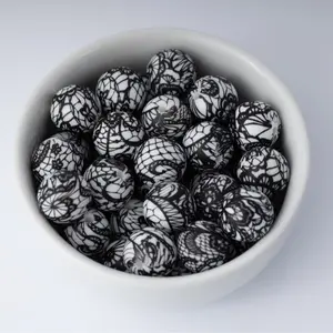 Black Lace Silicone Beads Printed Round Silicone Beads