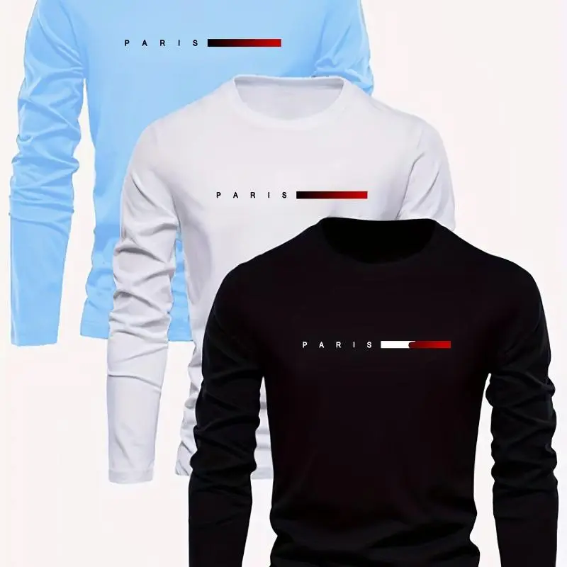 3-Pack Men'S Casual Crew Neck Long Sleeve T-Shirts - Knit Polyester 95%, Elastane 5% - Slight Stretch, Basic Style with Random Print Design 3-Pack Men'S Casual Crew Neck Long Sleeve T-Shirts - Knit Polyester 95%, Elastane 5% - Slight Stretch, Basic Style with Random Print Design