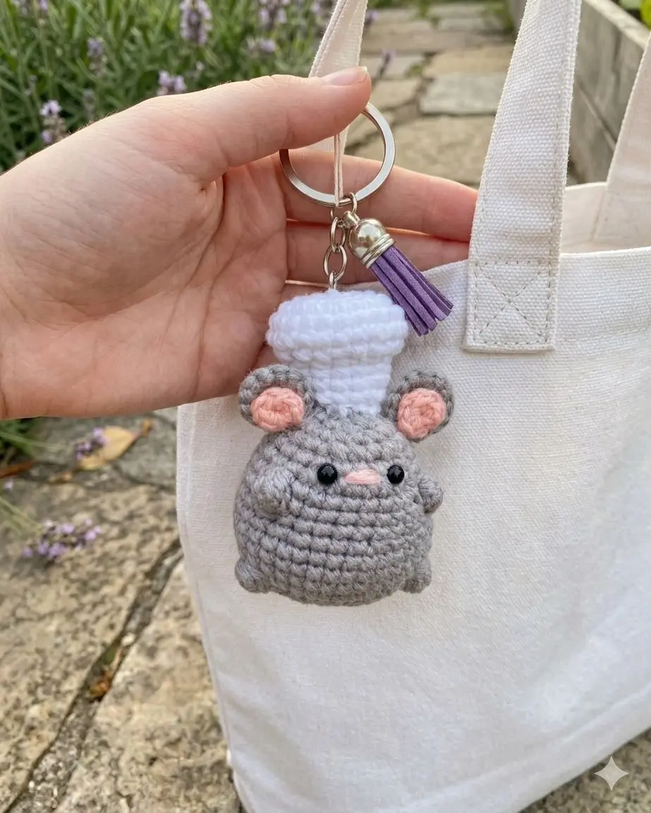 Crochet Mouse Chef Keychain Handmade | Cute Amigurumi Mouse Keychain | Chef Mouse Bag Charm, Kitchen Lover Gift, Animal Plush Accessory