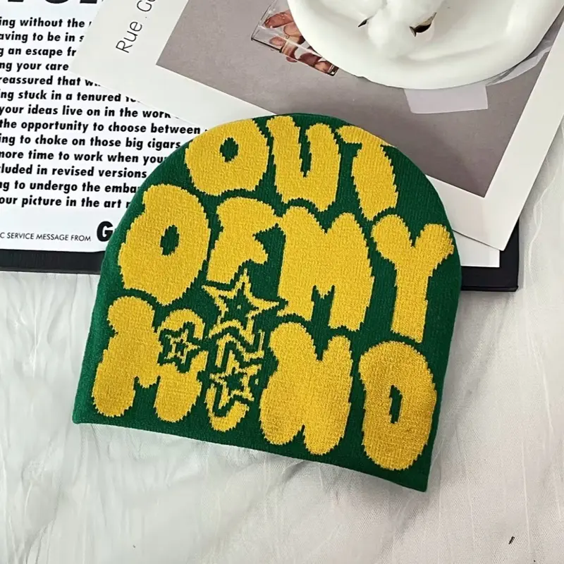 High Quality MY MIND Pattern Funky 100% Acrylic Jacquard Beanie Hat Cuffless Knitted Streetwear Skully Cap for Winter Outdoor Green & Yellow