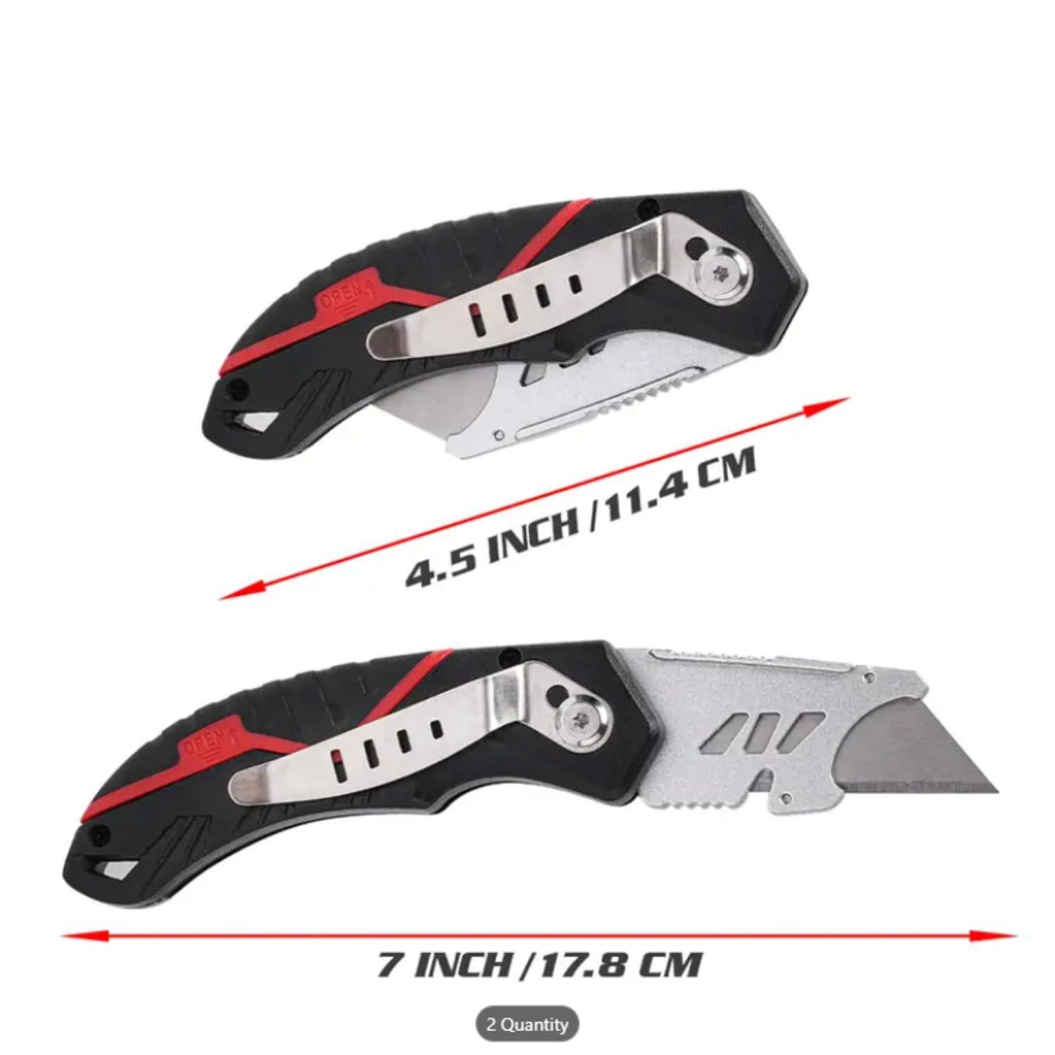 Heavy Duty Folding Box Cutter with 6 Blades, Quick Release Utility Knife, 3 Position Safety Cutter with Ergonomic Grip and Blade Storage for Cardboard, Vinyl, Carpet and DIY Use