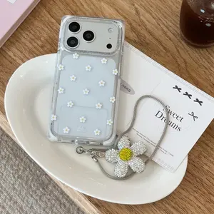 Hot-selling full-screen small flower pendant hanging strap square phone case suitable For iPhone 17 16 15 Pro Max trendy shockproof protective case
