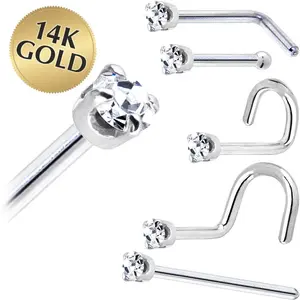 Solid 14KT White Gold 1.5mm Genuine Diamond Nose Ring - Handmade in USA
