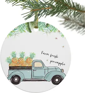 2024 Christmas Ornament Xmas Tree Hanging Accessories,Farm Truck with Pineapples Christmas Tree Round Ceramic Ornaments for Holiday Party Home Decor,Tropical Palm Leaves on White
