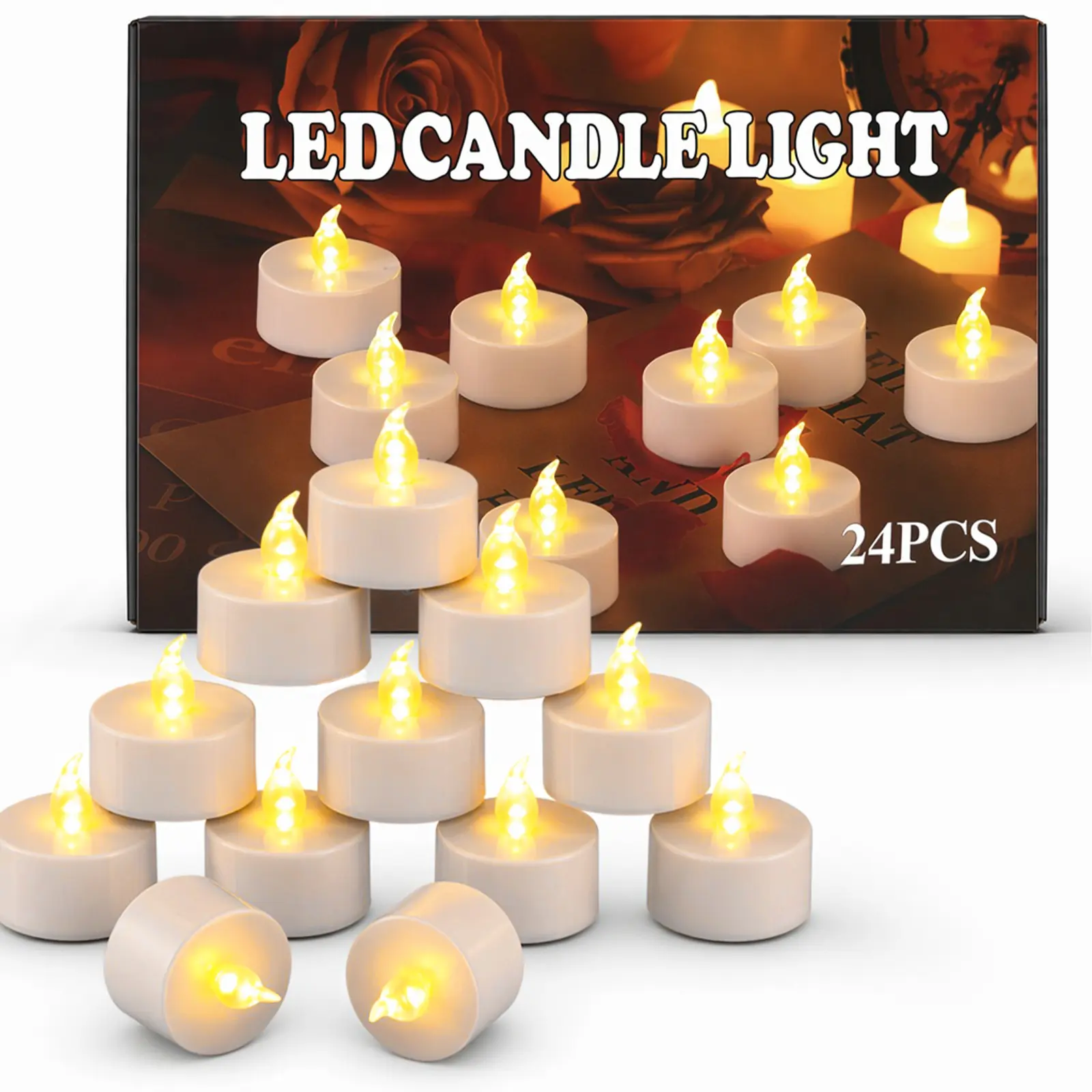 battery operated flickering flameless LED tea light candles 24 pack safe no fire risk wedding table decor holiday memorial romantic decorative lights