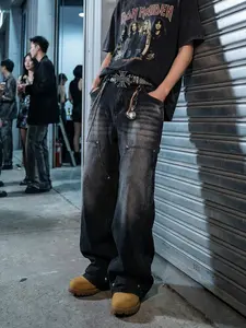 Men's retro washed loose casual wide-leg black jeans, Streetwear, featuring double-layer patchwork design, heavy-duty washed and whitened texture, American street wide-leg fit, rivet-reinforced details, Y2K straight-leg denim pants Dark Wash Jeans