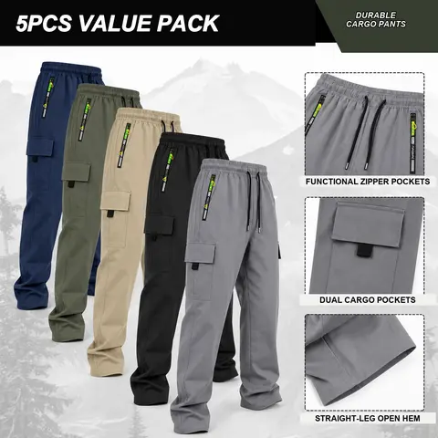 3-Pack Men’s Cargo Pants — Lightweight, breathable fabric with medium stretch, elastic waistband design, straight-leg cut with multiple pockets — Solid-color outdoor casual sports pants