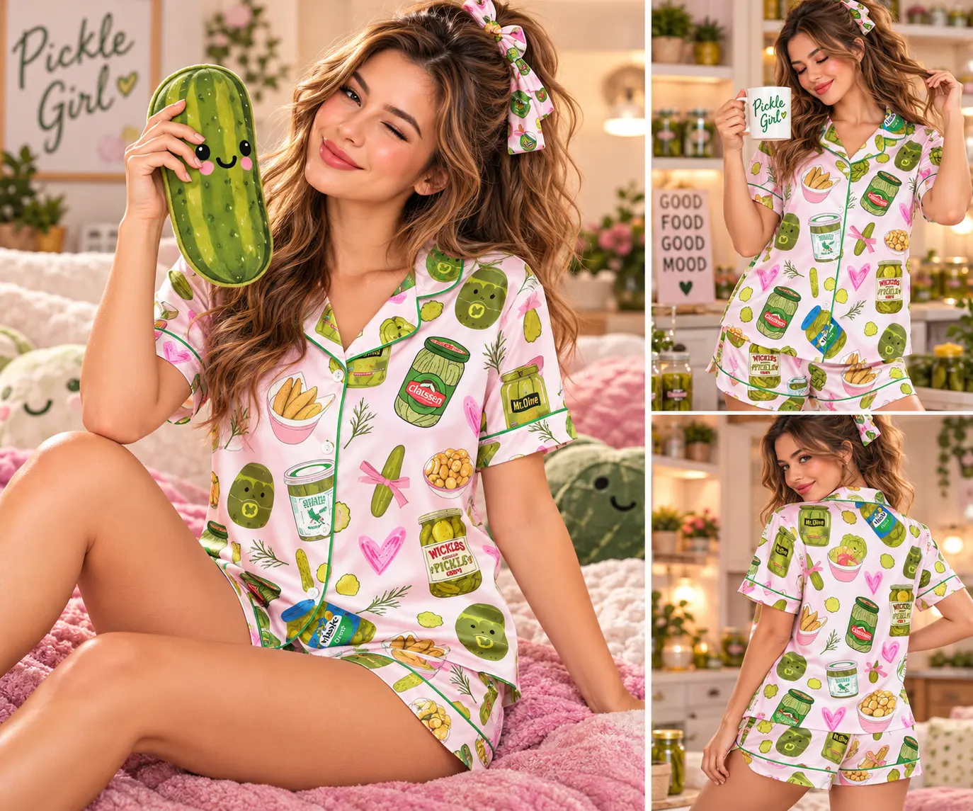 Women's Pickle Print Satin Pajama Set, Cute Funny 2 Piece Short Sleeve Top & Shorts with Pockets, Summer Sleepwear Lounge Set