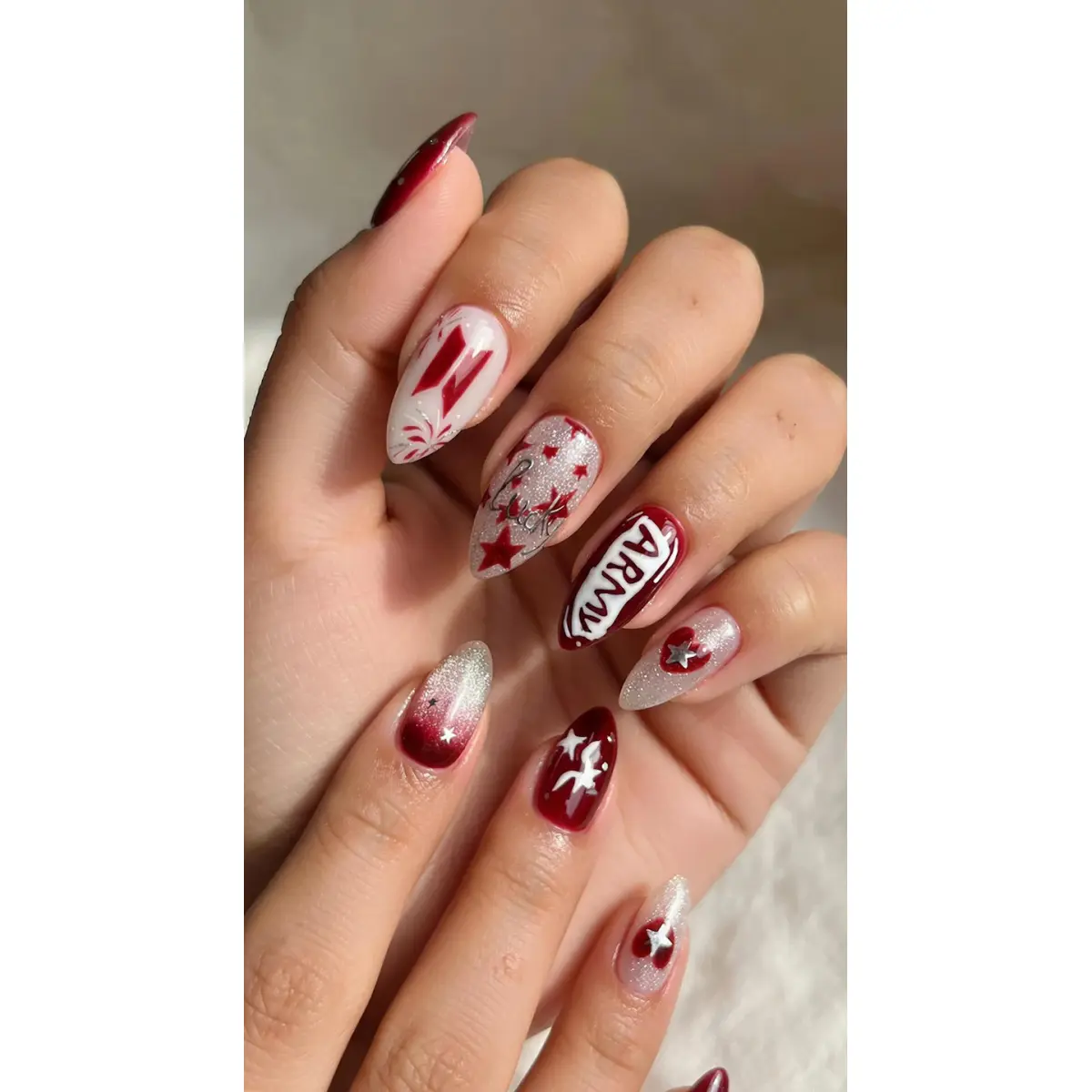 Press On Nails Red White Kpop Nail Set Handmade Gel Nails Glitter Star Nails Cute Korean Nail Art Reusable Nails Press On Nails Red White Kpop Nail Set Handmade Gel Nails Glitter Star Nails Cute Korean Nail Art Reusable Nails