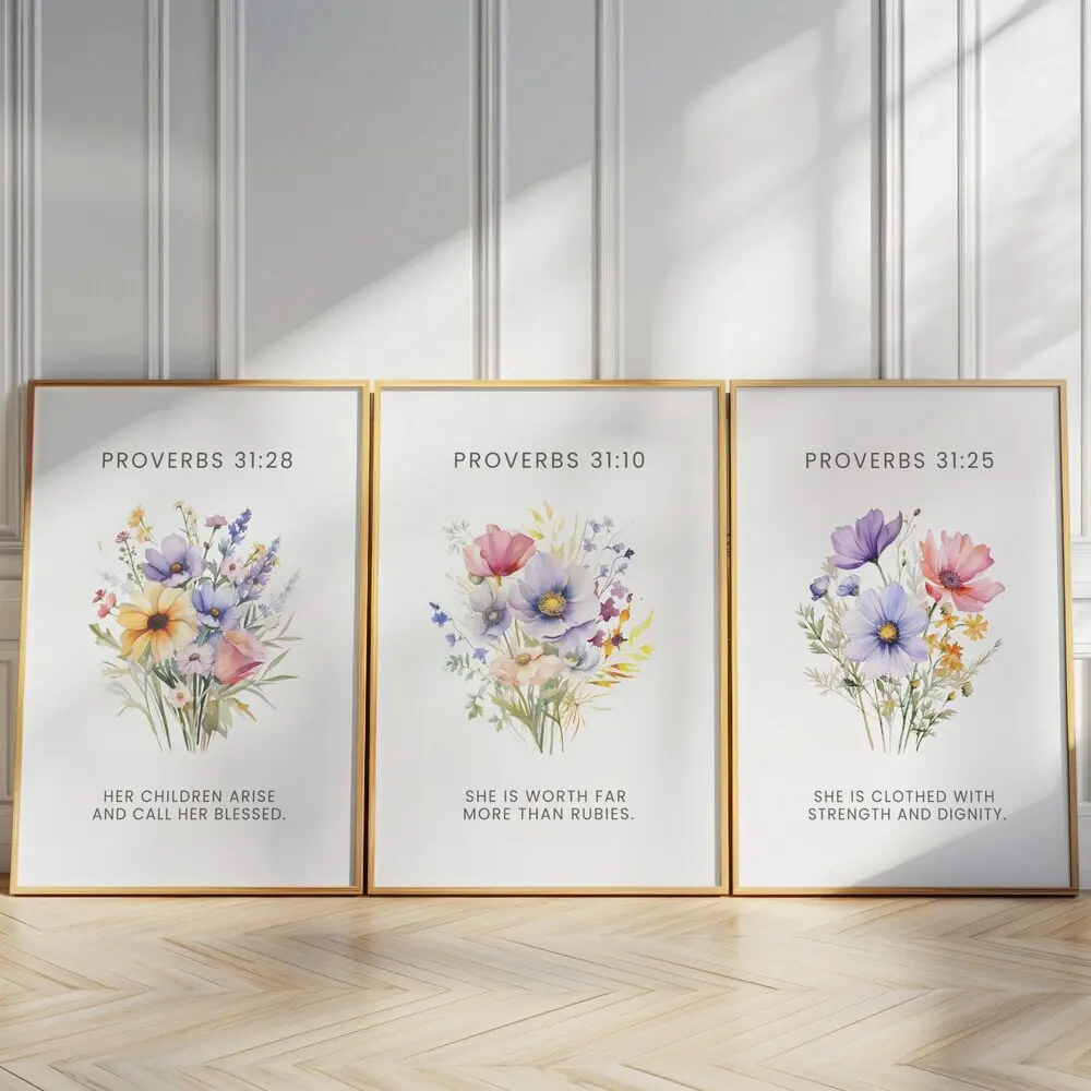 Proverbs 31 Wall Art Set of 3, Bible Verse Prints for Mom, Christian Floral Printable, Mother's Day Scripture Wall Decor, Digital Download