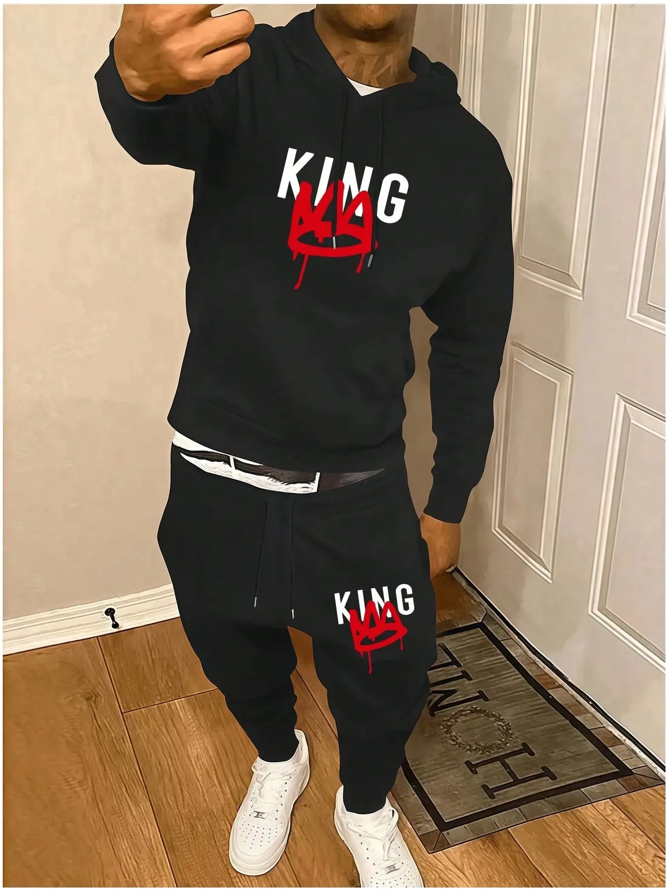 Aesthetic "KING" Letter Print Matching Set | Oversized Drawstring Hoodie & Joggers with Pockets | Comfortable Sports Tracksuit for Gym, Travel & Loungewear | Trendy Black Graphic Sweatshirt Outfit