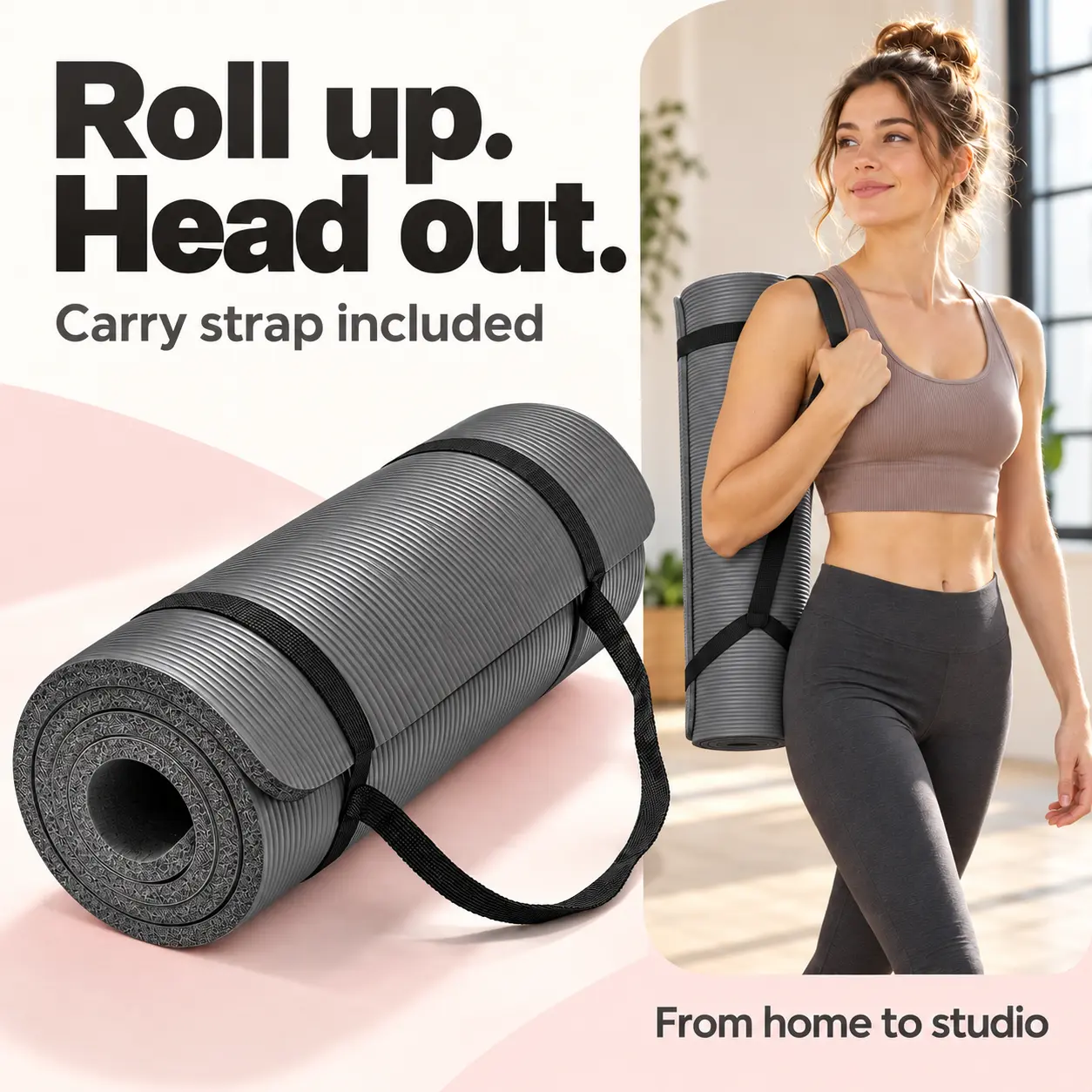 LOKATSE HOME NBR Foam Yoga and Exercise Mat with Carrying Strap, 72 x 24 Inches, 0.4-Inch Thick, for Pilates and Stretching