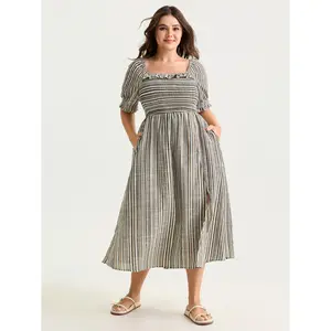 BLOOMCHIC Womens Plus Size Midi Dress [M-6X] with Striped Ruffled Neckline Puff Sleeve 2026 Summer Vibes Swimweek