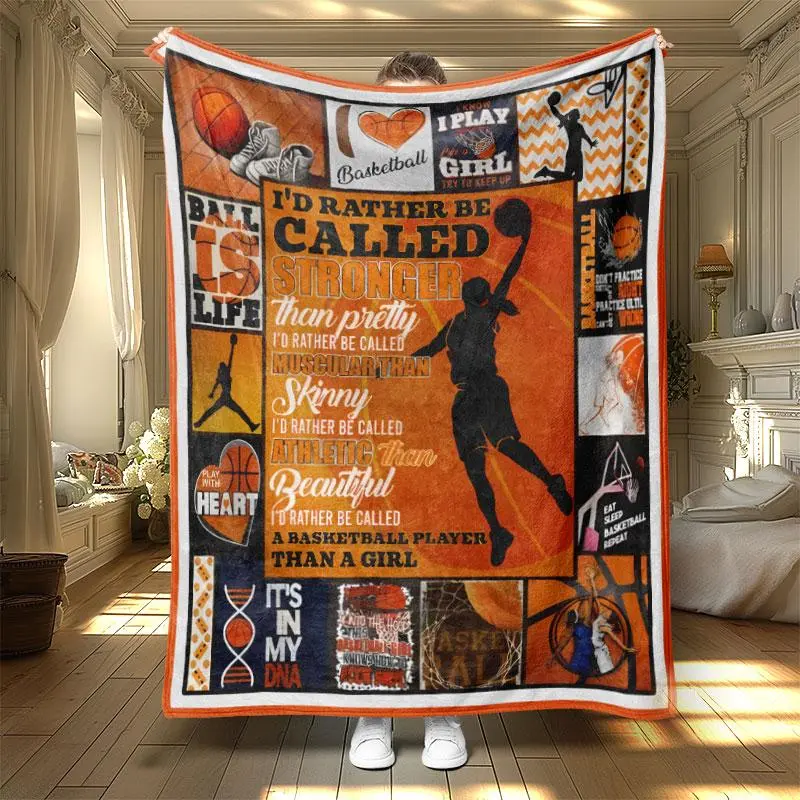 Basketball Player Pattern Slogan Print Blanket, 1 Count Casual Soft Throw Blanket, Air-conditioned Room Blanket, Warm Nap Blanket for Home Office Travel, Inspirational Blanket
