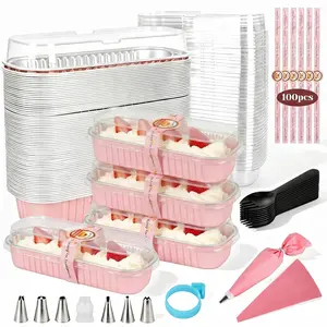 100 Pack Mini Cake Pans with Lids Spoons & 1 Piping Bag and Tips Set – 6.8oz Disposable Aluminum Foil Pink Mini Loaf Pans for Baking, Cake Tins, Gift & Parties